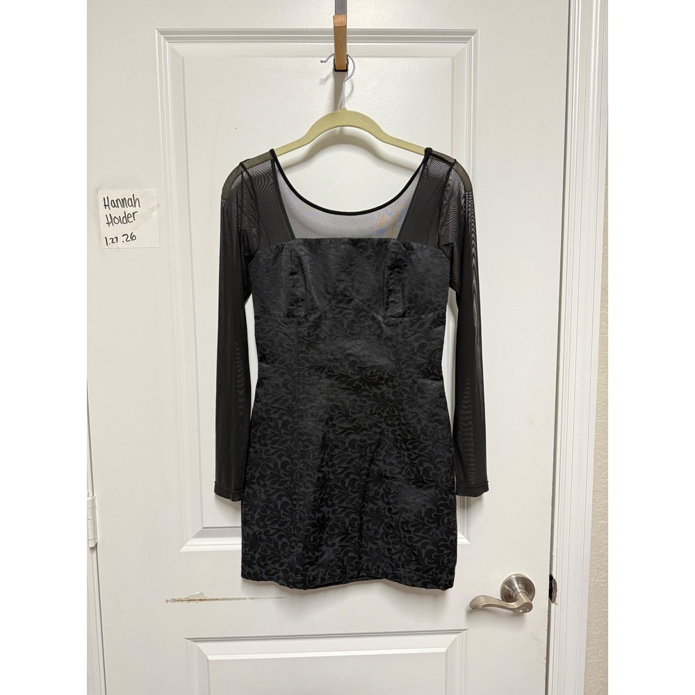 Ananda Y2K Black Jacquard Mesh Long Sleeve Mini Dress Petite Square Neck